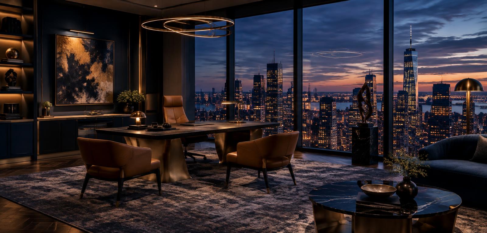 A luxury real estate office at dusk overlooking a city skyline